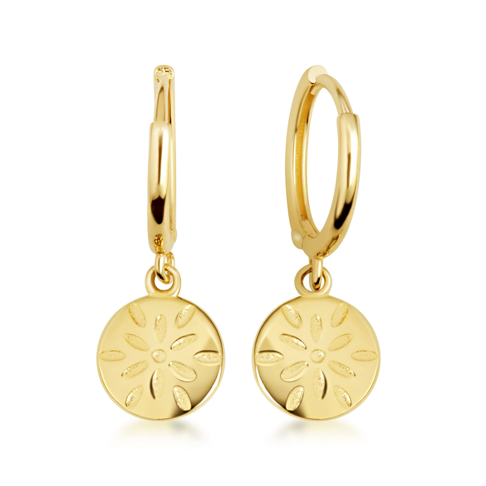 Yellow Gold Flower Textured Diamond Cut Round Drop Huggie Hoop Earrings