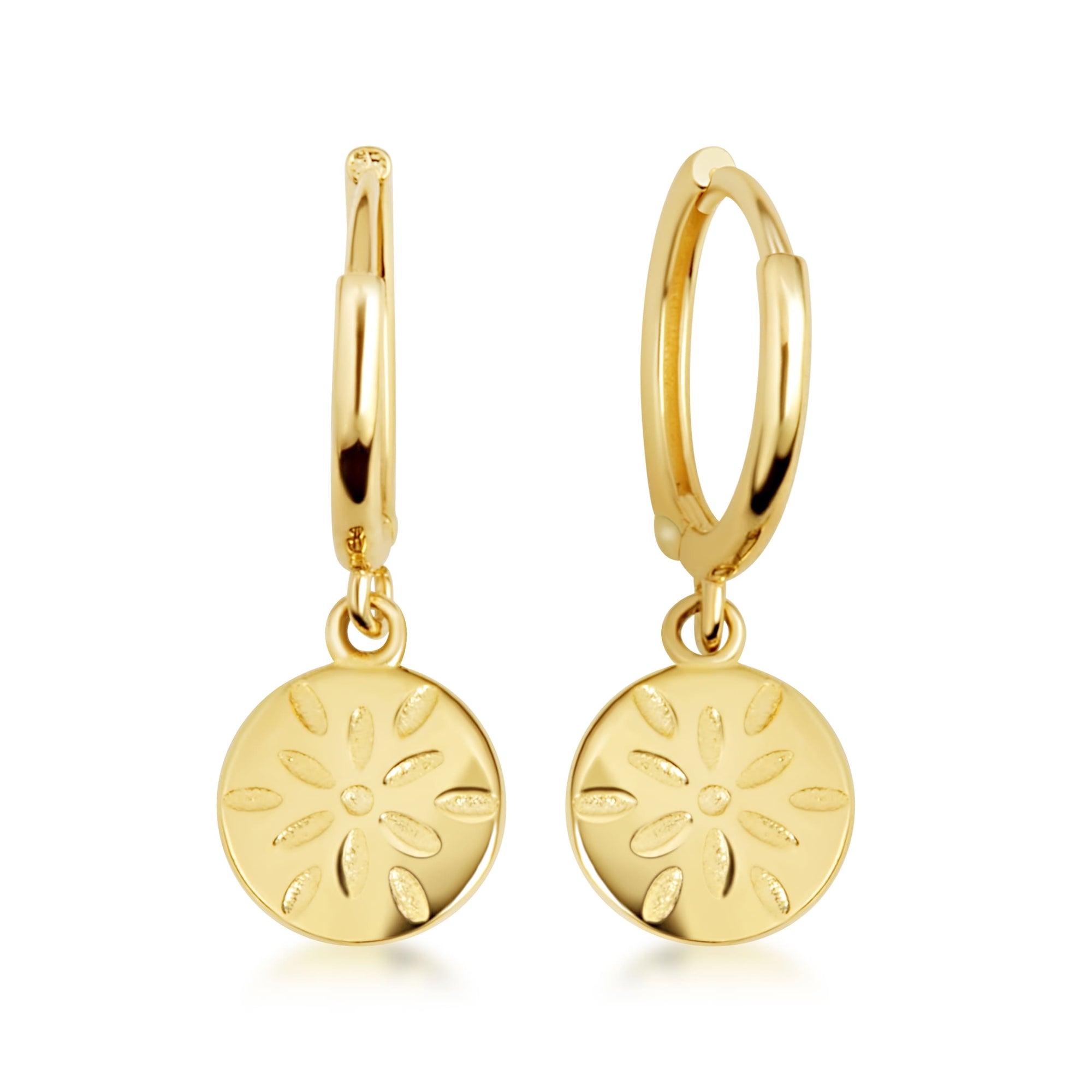 Yellow Gold Flower Textured Diamond Cut Round Drop Huggie Hoop Earrings