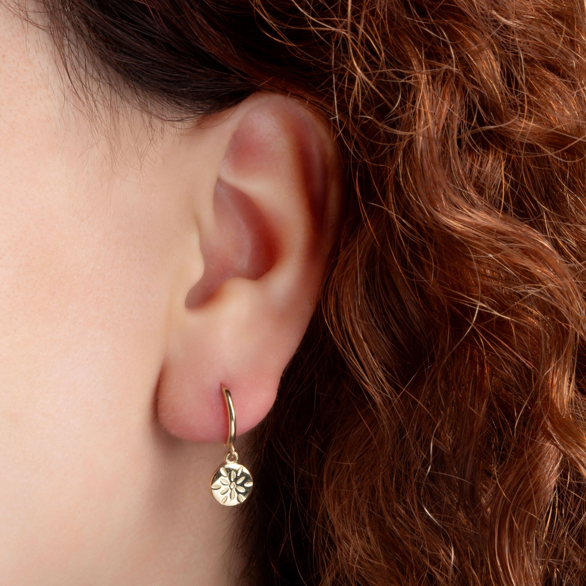 Yellow Gold Flower Textured Diamond Cut Round Drop Huggie Hoop Earrings, view 2