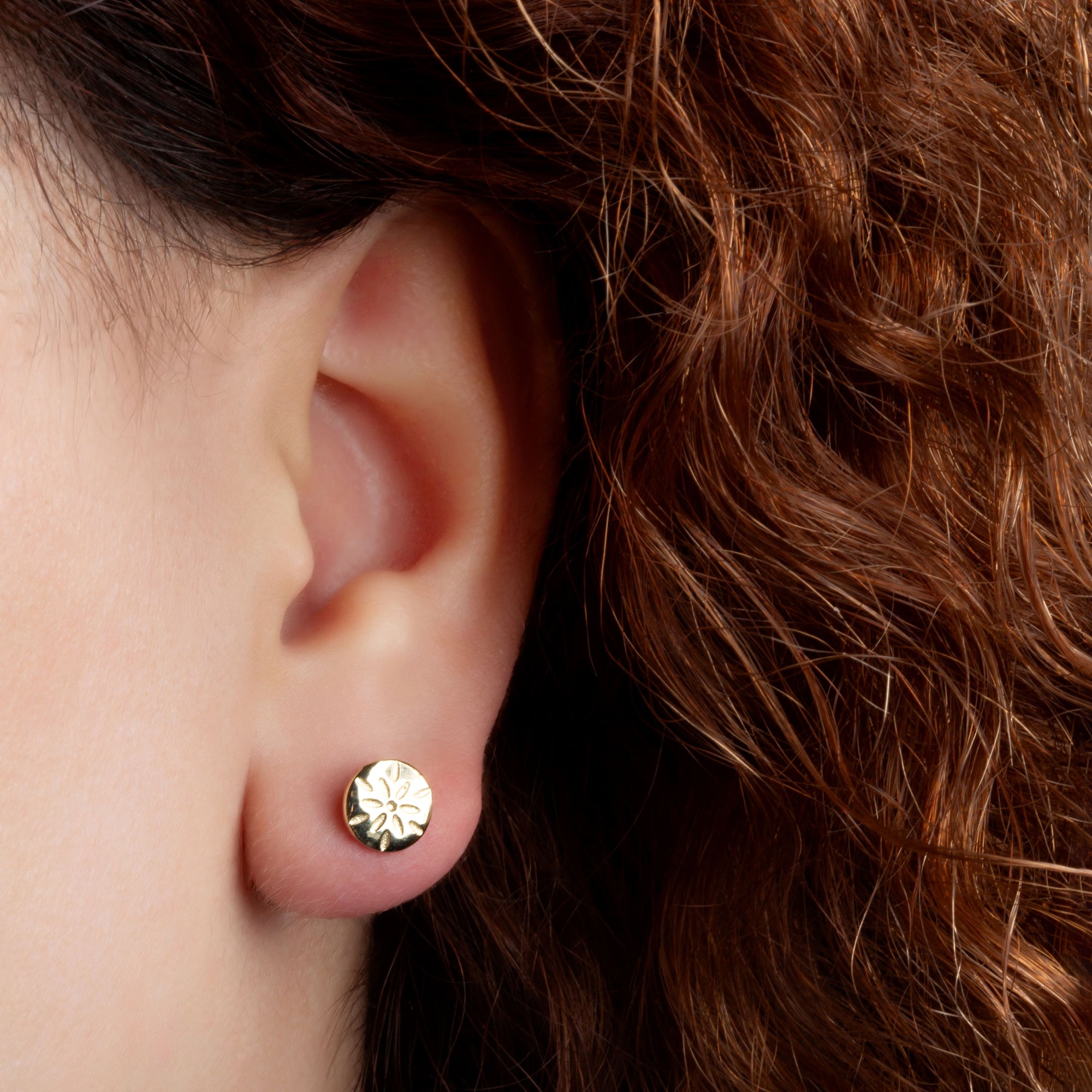Yellow Gold Flower Textured Diamond Cut Round Stud Earrings, view 2