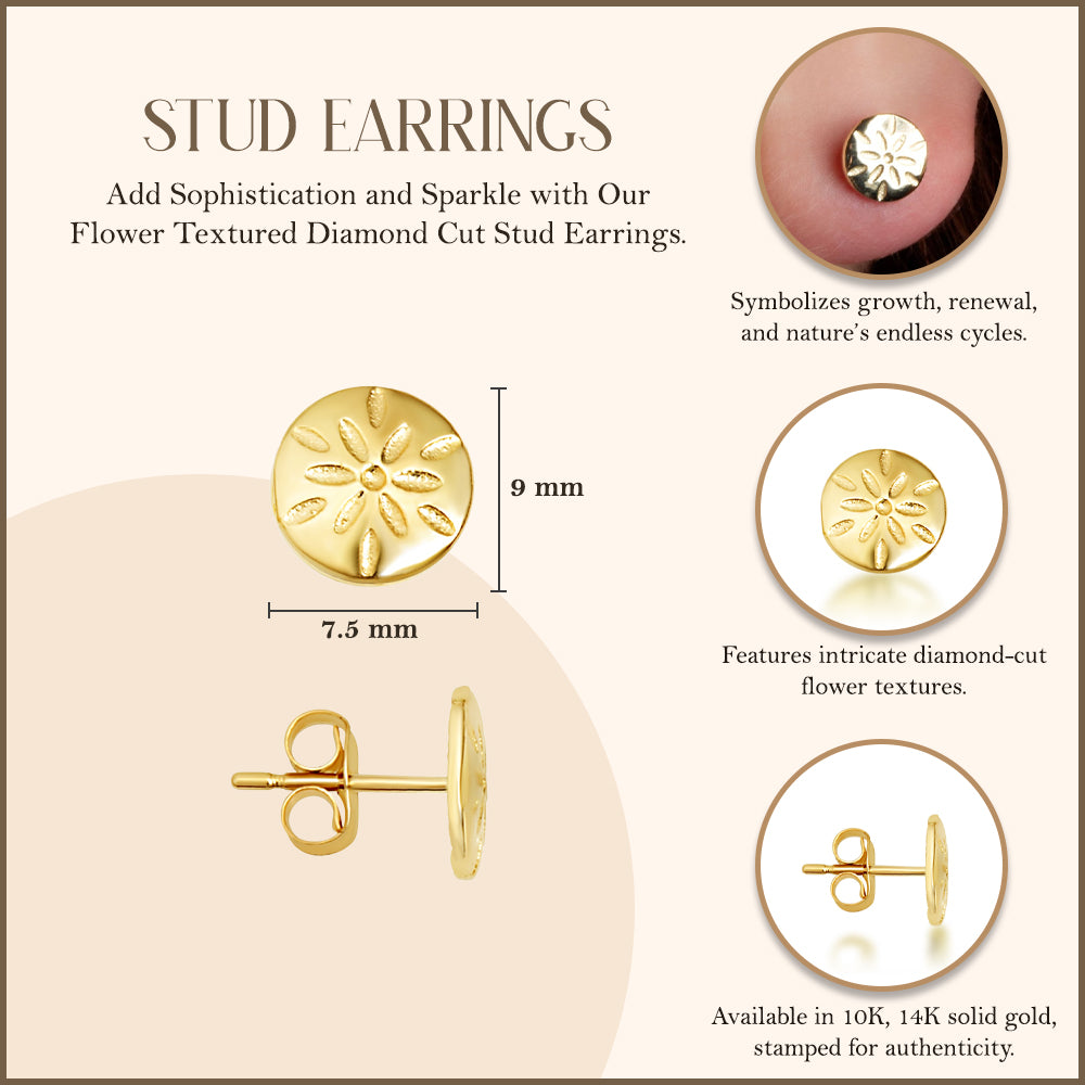 Yellow Gold Flower Textured Diamond Cut Round Stud Earrings, view 3