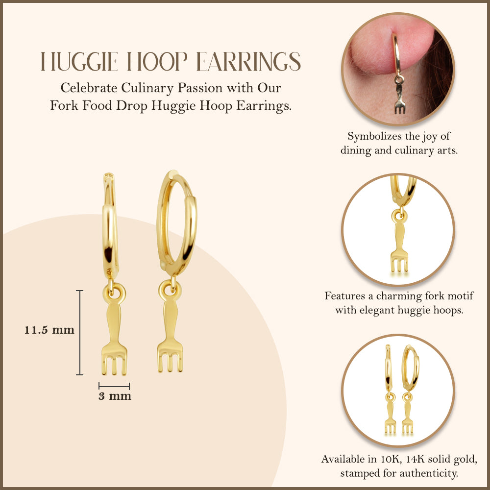 Yellow Gold Fork Food Drop Huggie Hoop Earrings, view 3