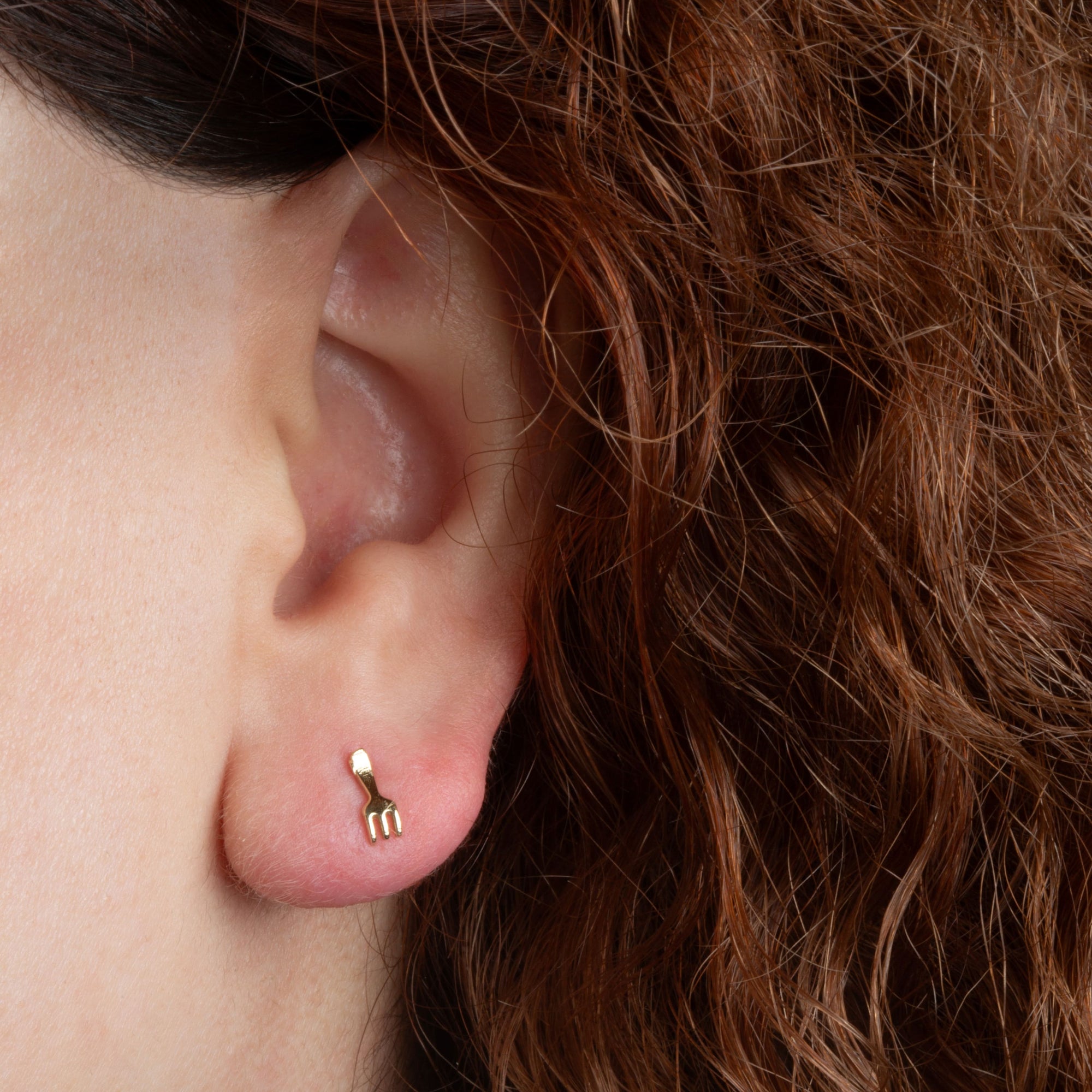 Yellow Gold Fork Food Stud Earrings, view 2