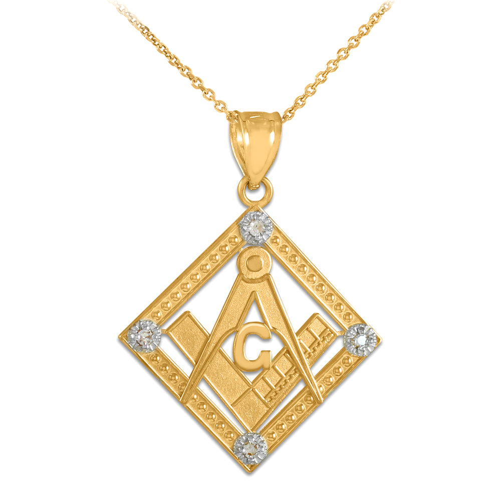 Yellow Gold Freemason Square & Compass Diamond Shaped Pendant Necklace
