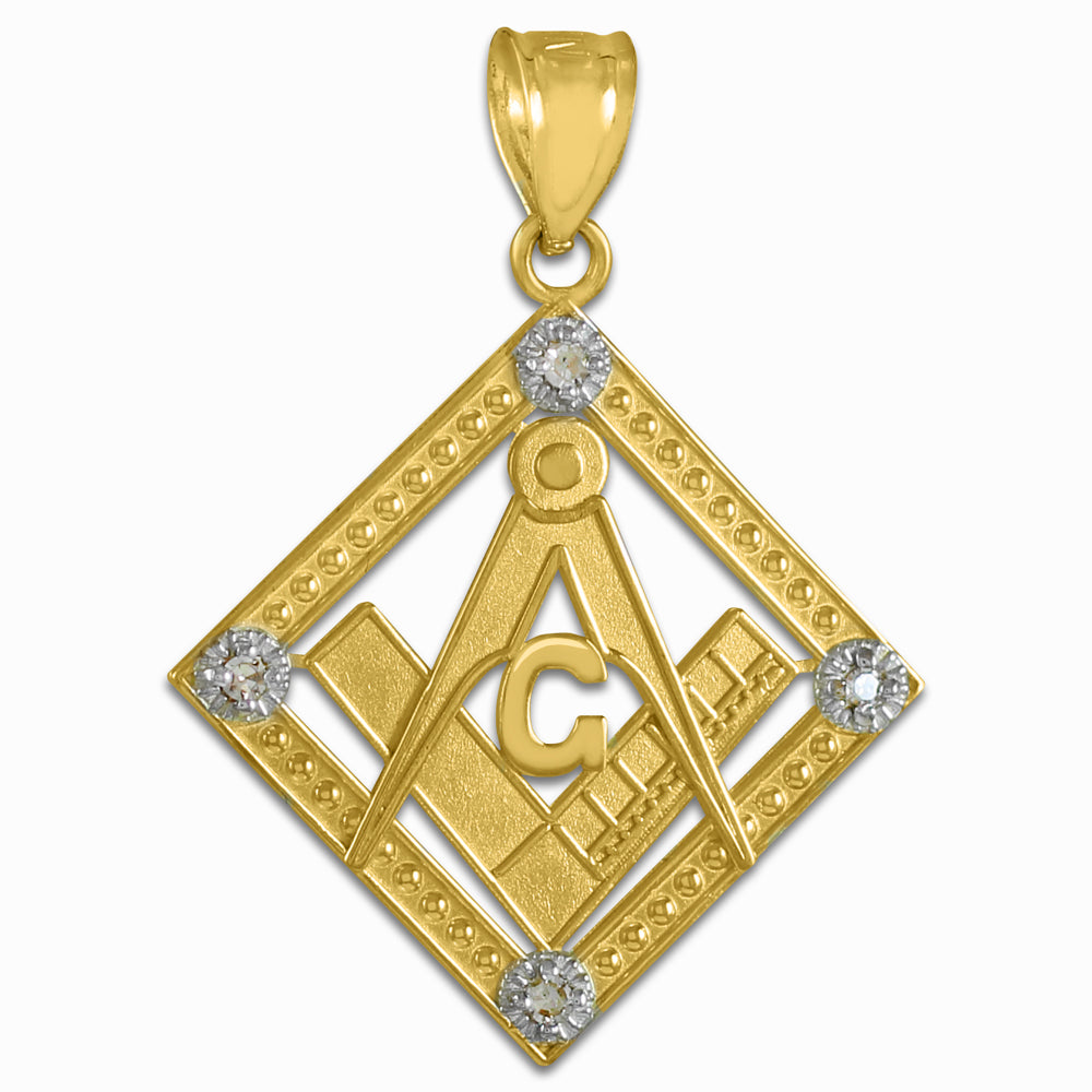 Yellow Gold Freemason Square & Compass Diamond Shaped Pendant Necklace, view 2