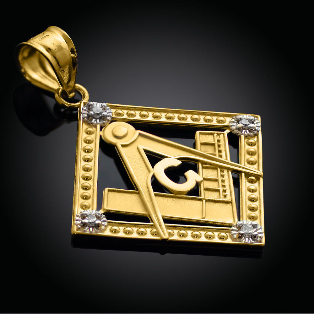Yellow Gold Freemason Square & Compass Diamond Shaped Pendant Necklace, view 3
