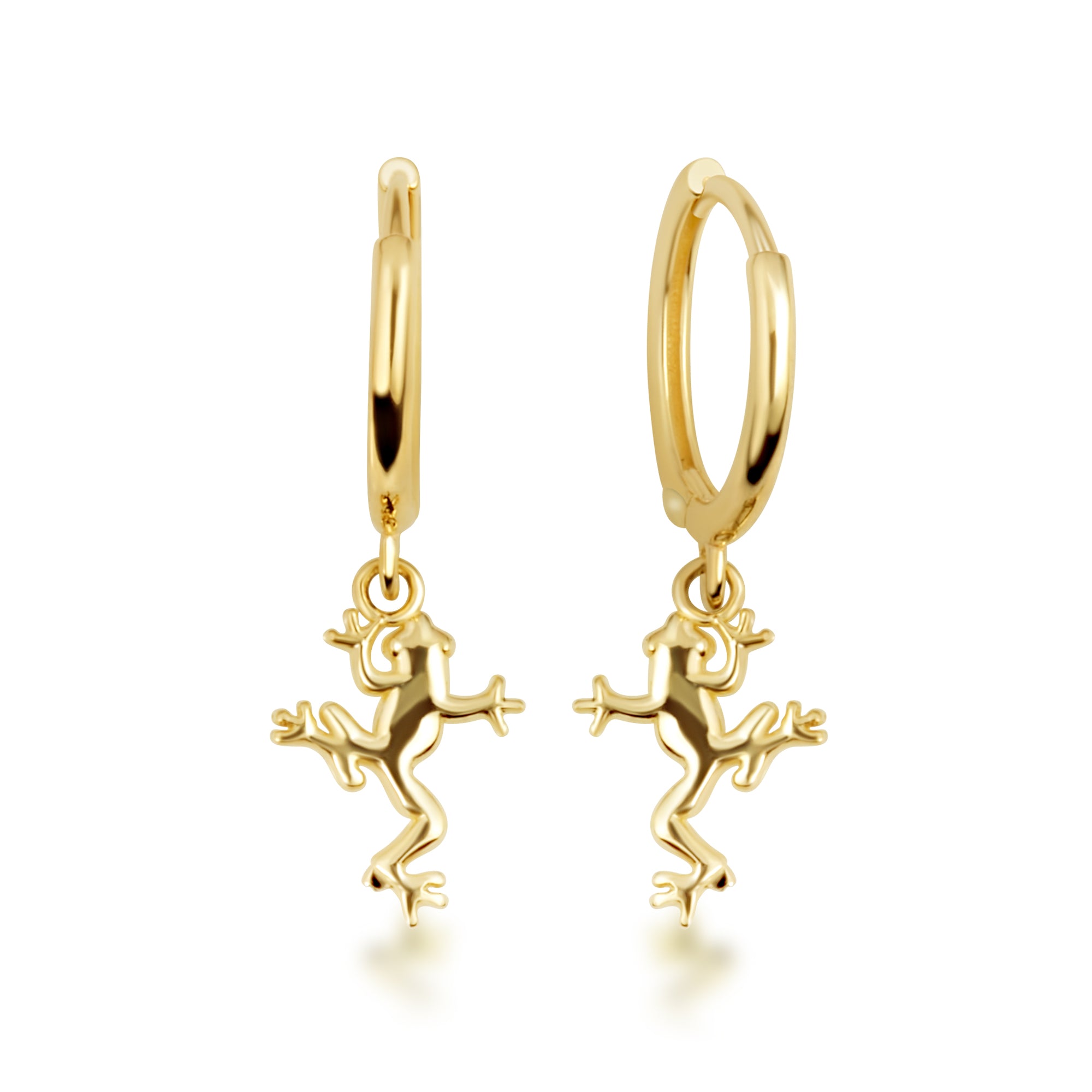 Yellow Gold Frog Animal Drop Huggie Hoop Earrings