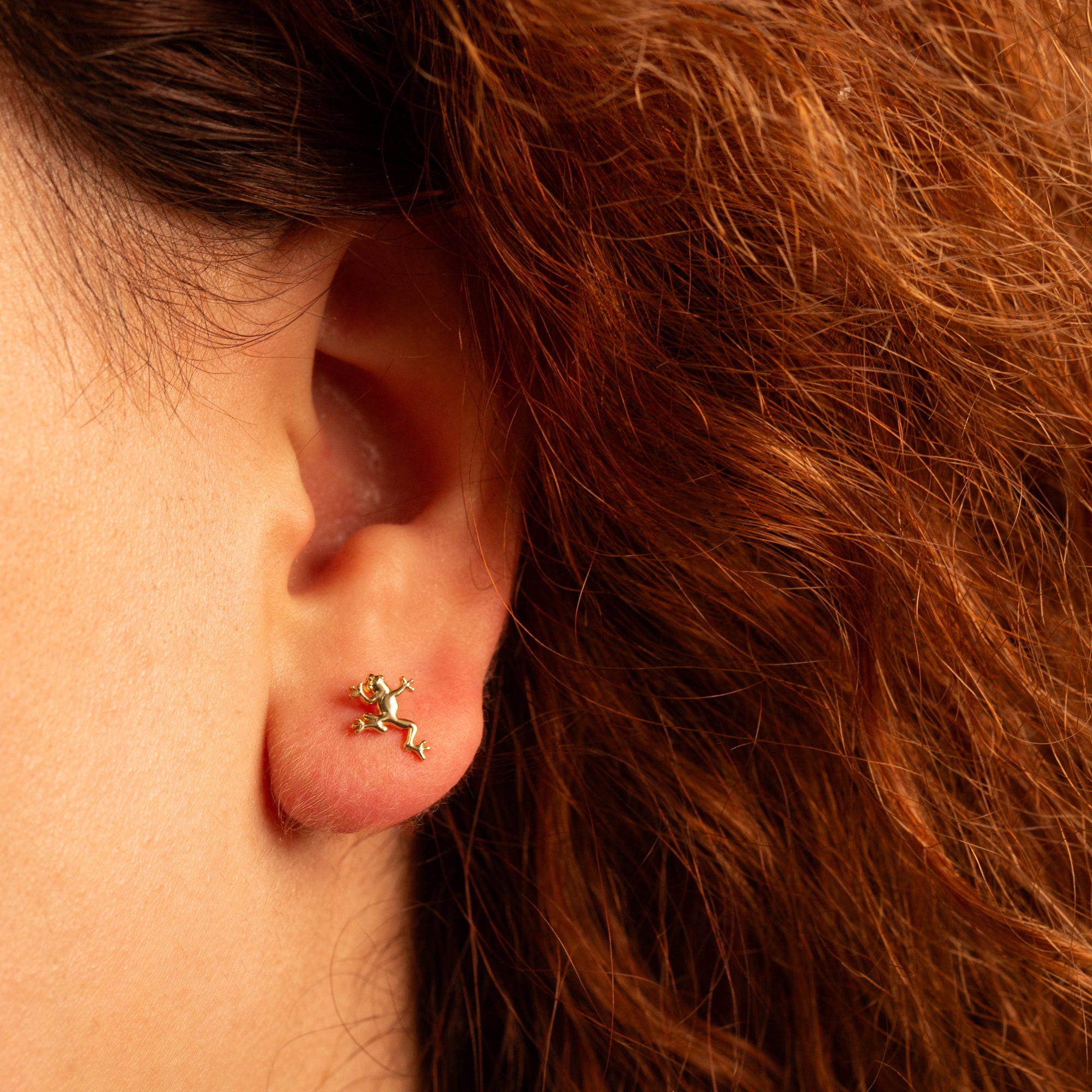 Yellow Gold Frog Animal Stud Earrings, view 2