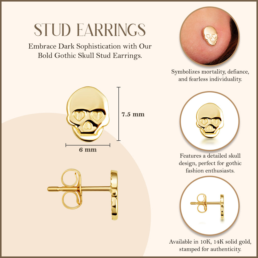 Yellow Gold Gothic Skull Stud Earrings, view 3