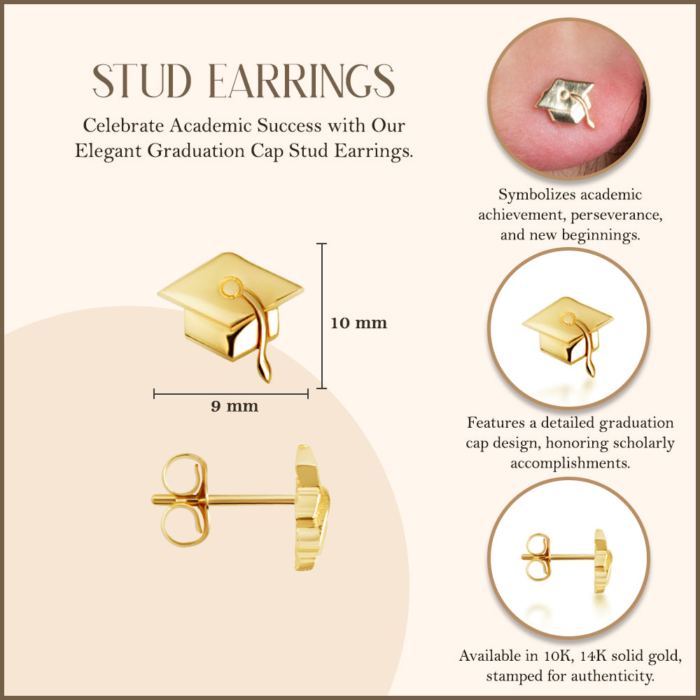 Yellow Gold Graduation Cap Stud Earrings, view 3