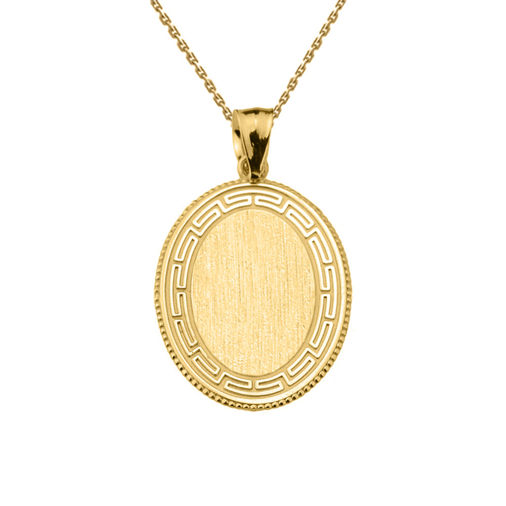 Yellow Gold Greek Key Engravable Oval Pendant