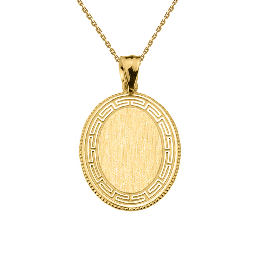 Yellow Gold Greek Key Engravable Oval Pendant