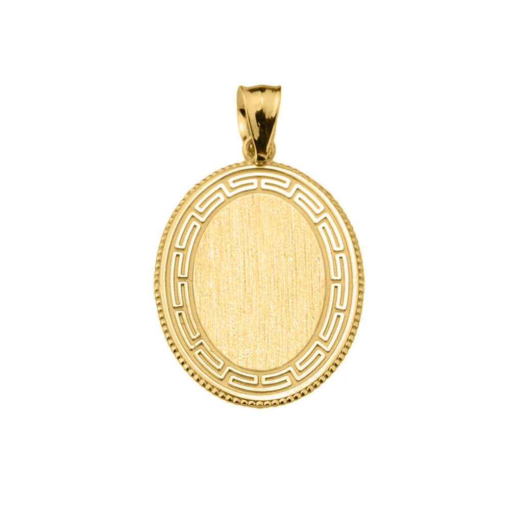 Yellow Gold Greek Key Engravable Oval Pendant, view 2