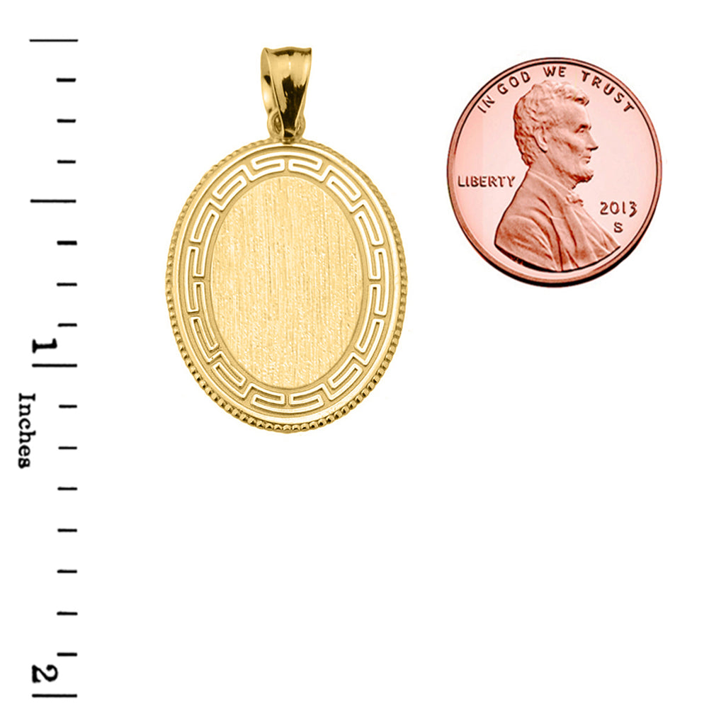Yellow Gold Greek Key Engravable Oval Pendant, view 3