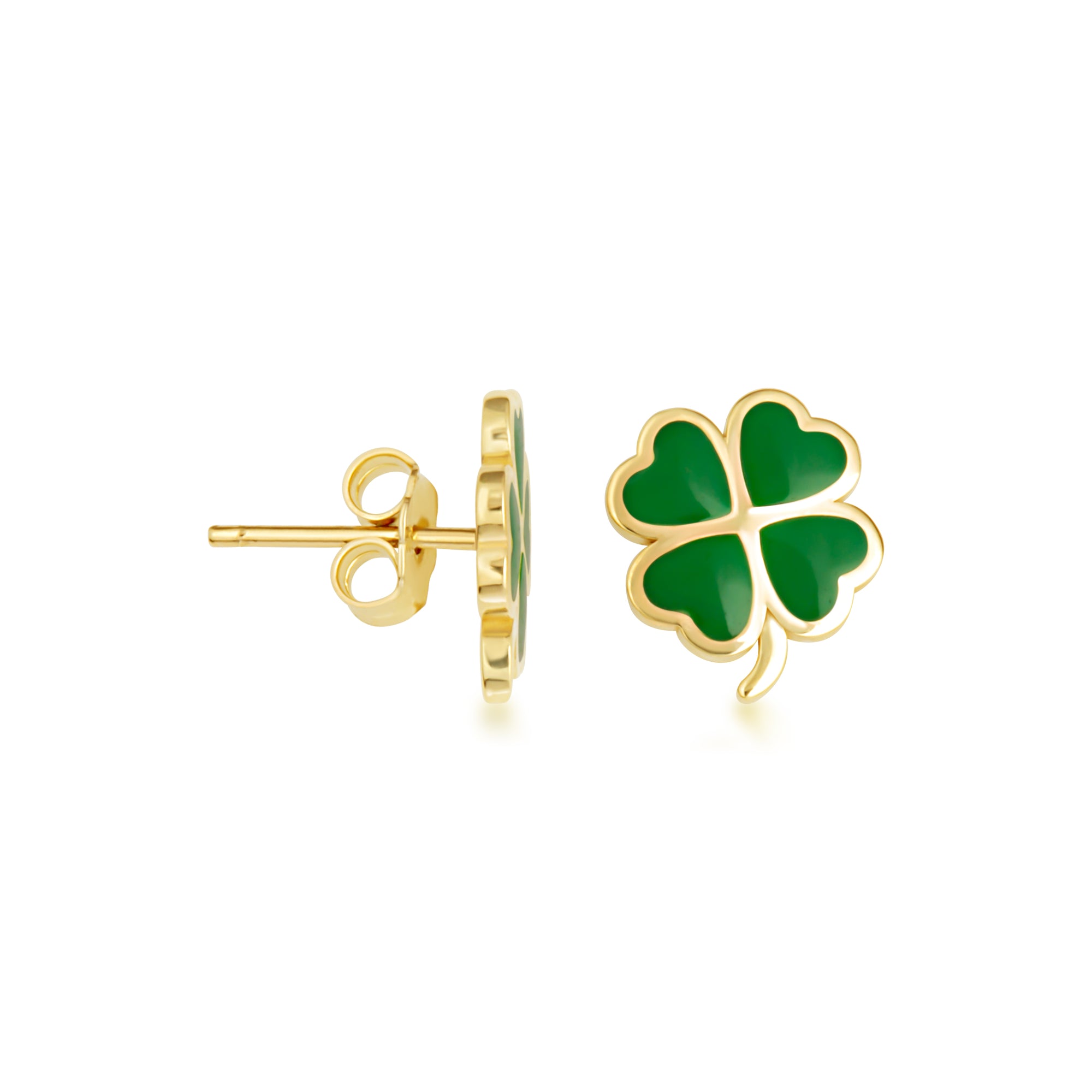 Yellow Gold Green Enamel 4 Leaf Clover Stud Earrings