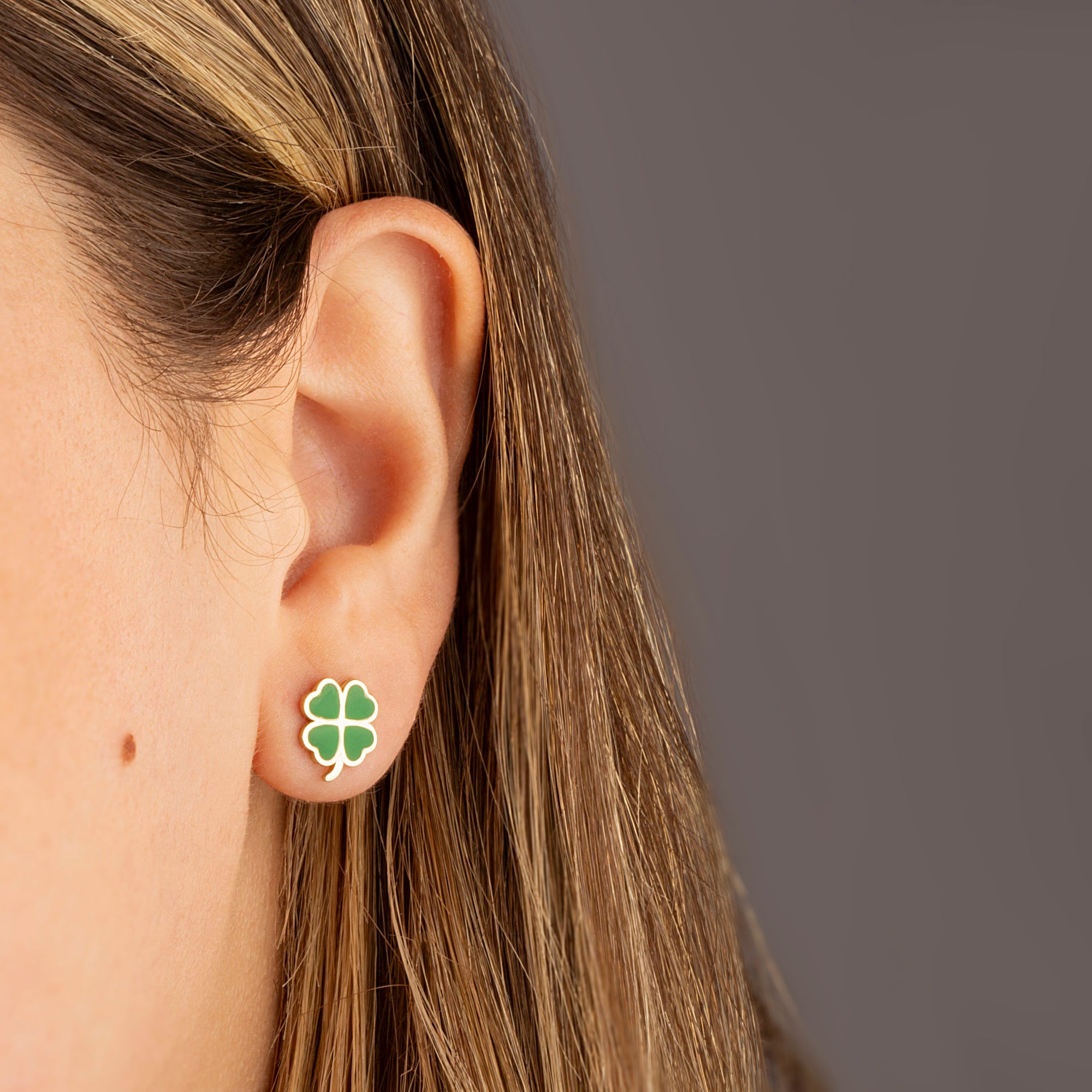 Yellow Gold Green Enamel 4 Leaf Clover Stud Earrings, view 2