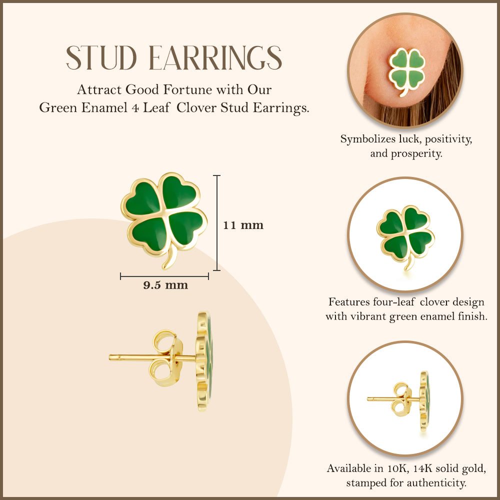 Yellow Gold Green Enamel 4 Leaf Clover Stud Earrings, view 3