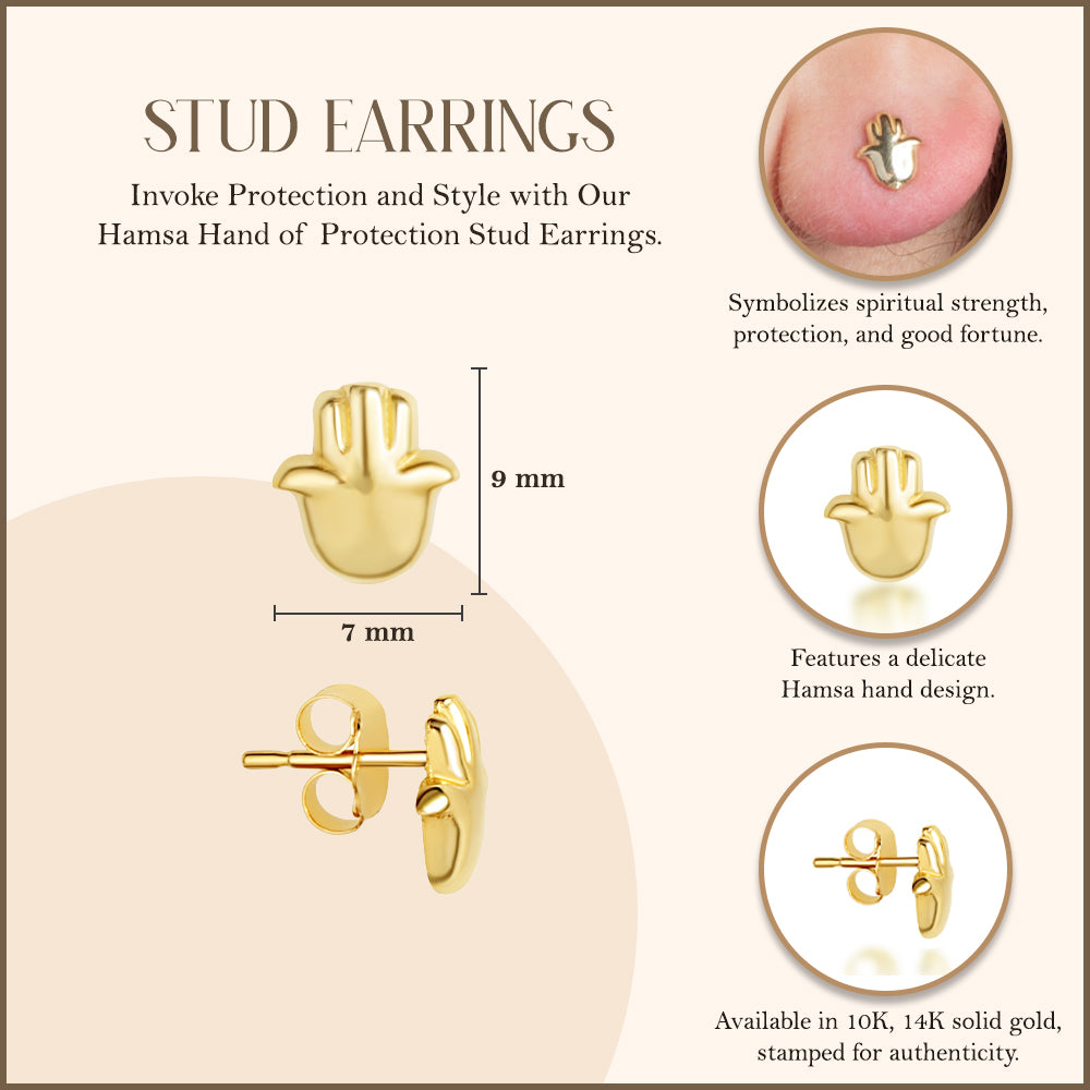 Yellow Gold Hamsa Hand Of Protection Stud Earrings, view 3