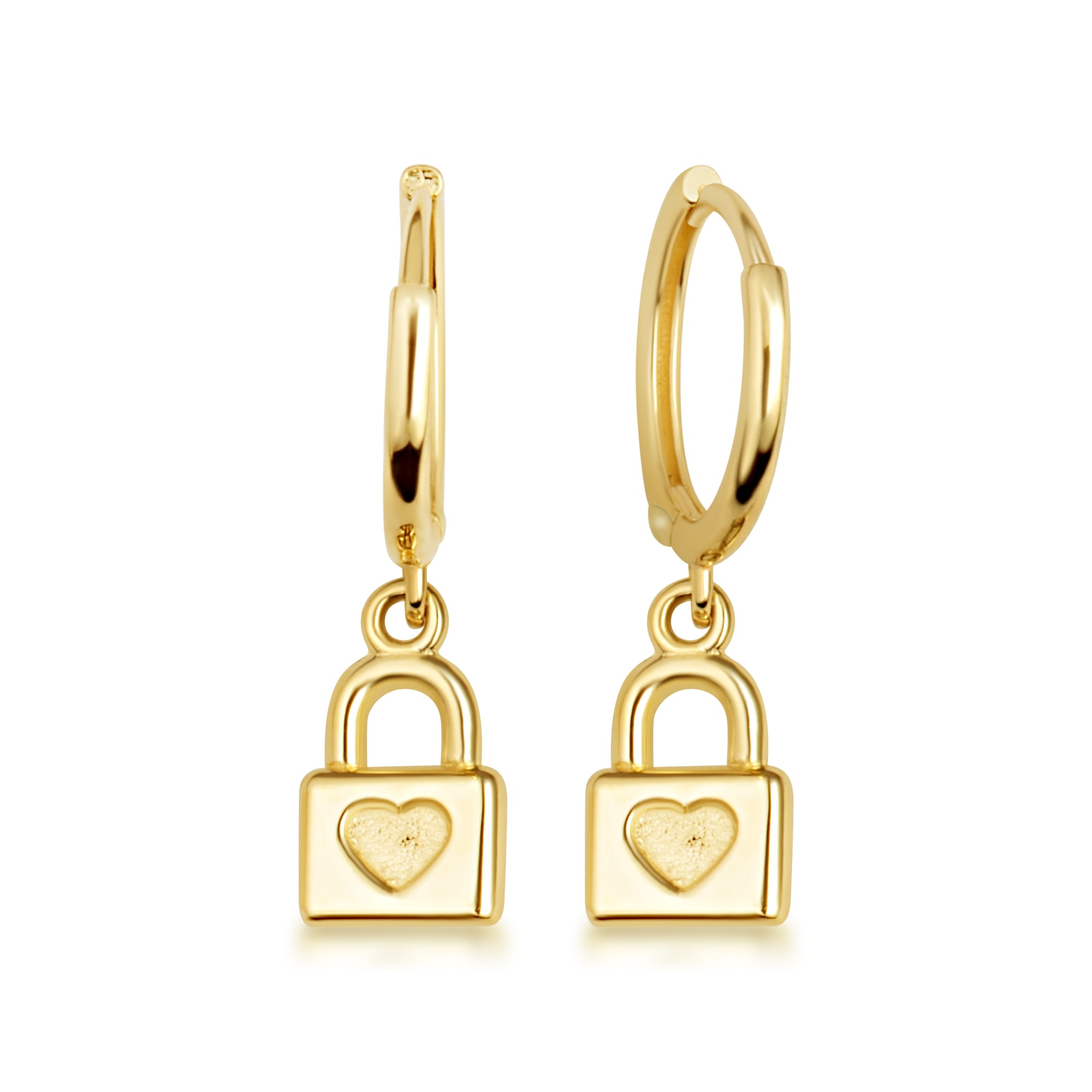 Yellow Gold Heart Padlock Love Drop Huggie Hoop Earrings