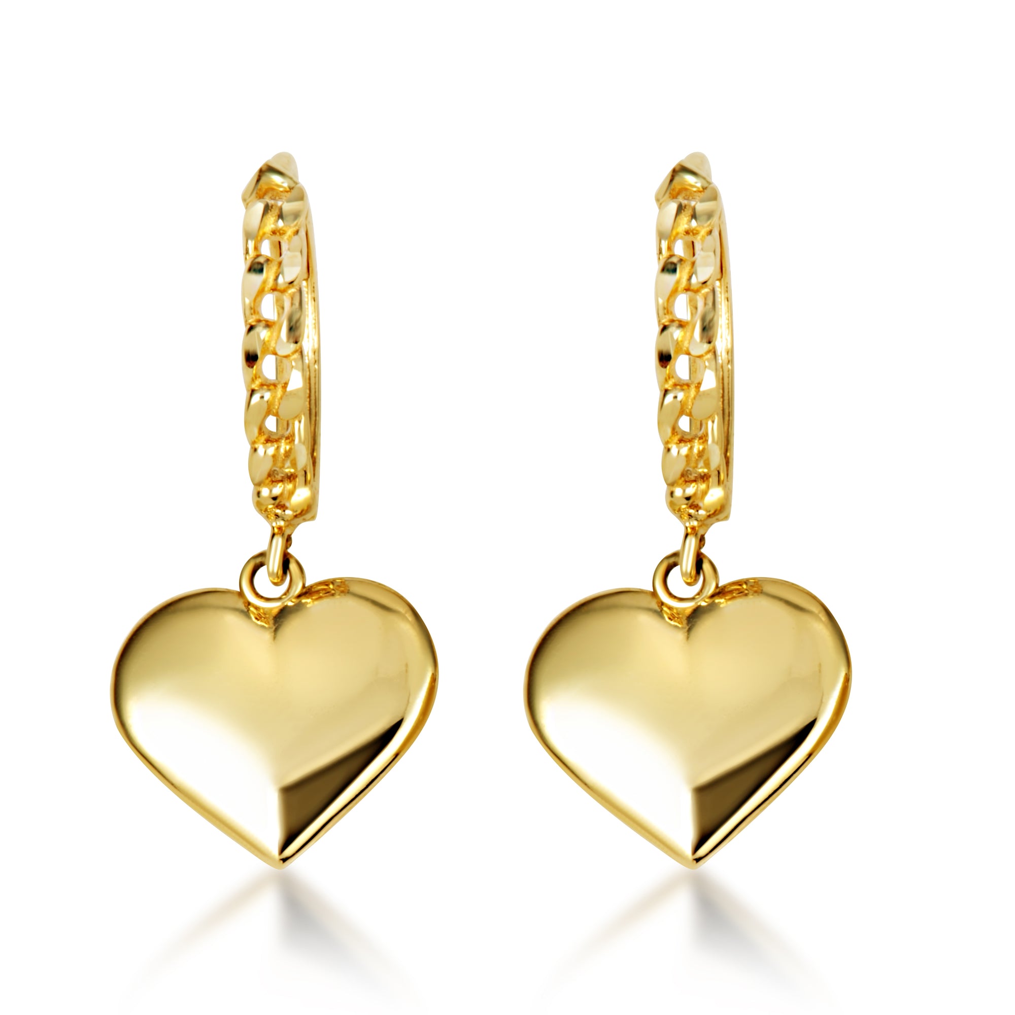 Yellow Gold Heart Shape Love Cuban Link Huggie Hoop Earrings