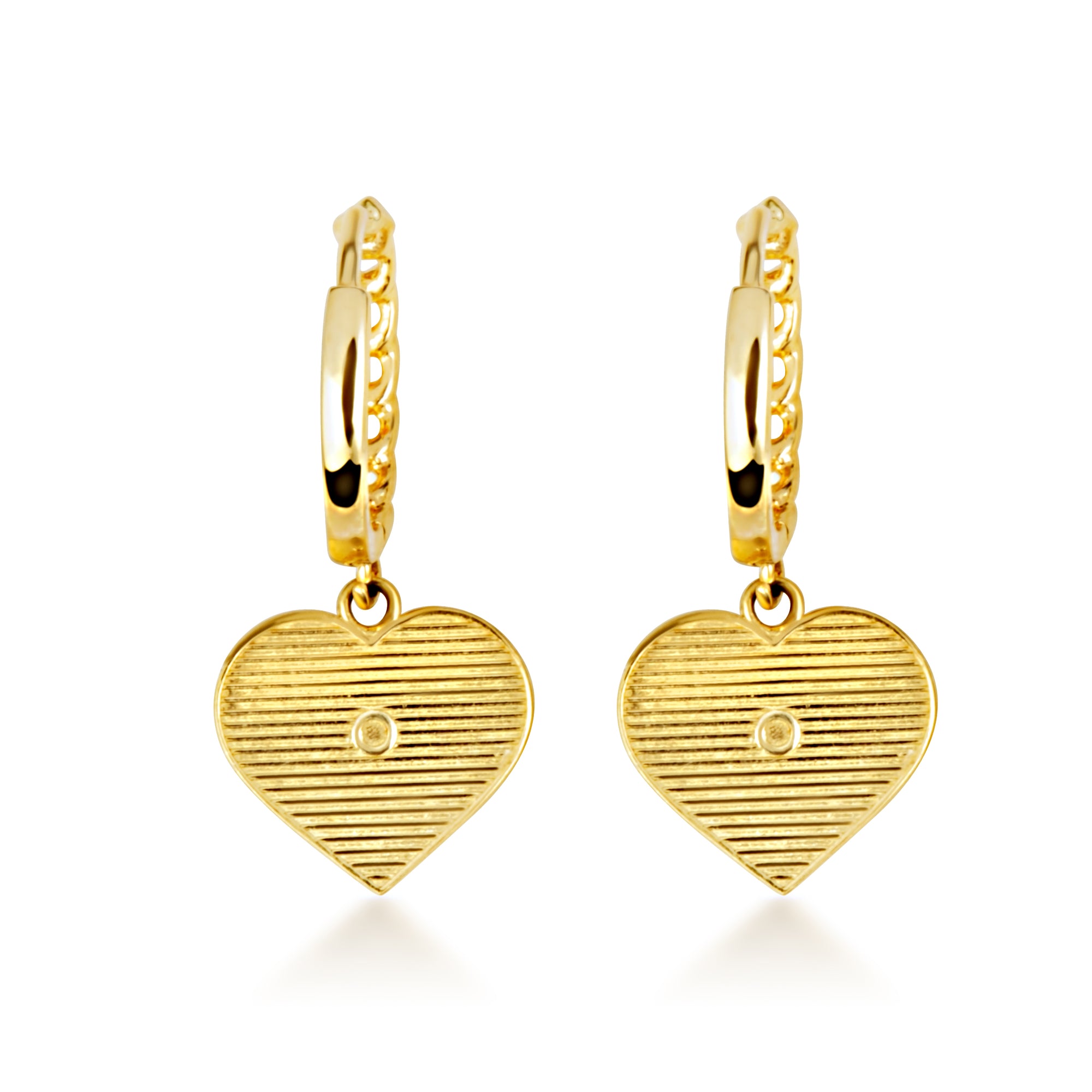 Yellow Gold Heart Shape Love Cuban Link Huggie Hoop Earrings, view 3