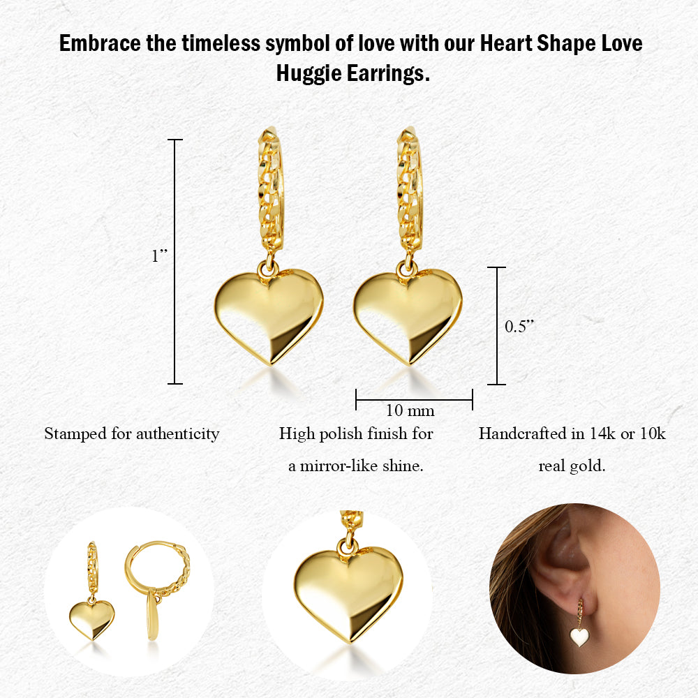 Yellow Gold Heart Shape Love Cuban Link Huggie Hoop Earrings, view 4