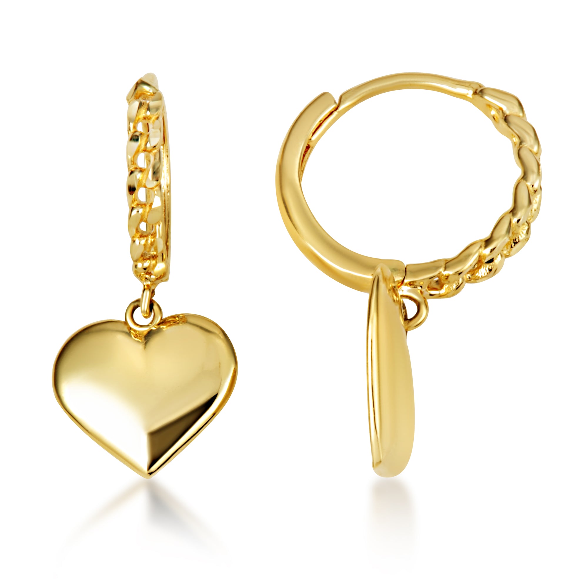 Yellow Gold Heart Shape Love Cuban Link Huggie Hoop Earrings, view 5