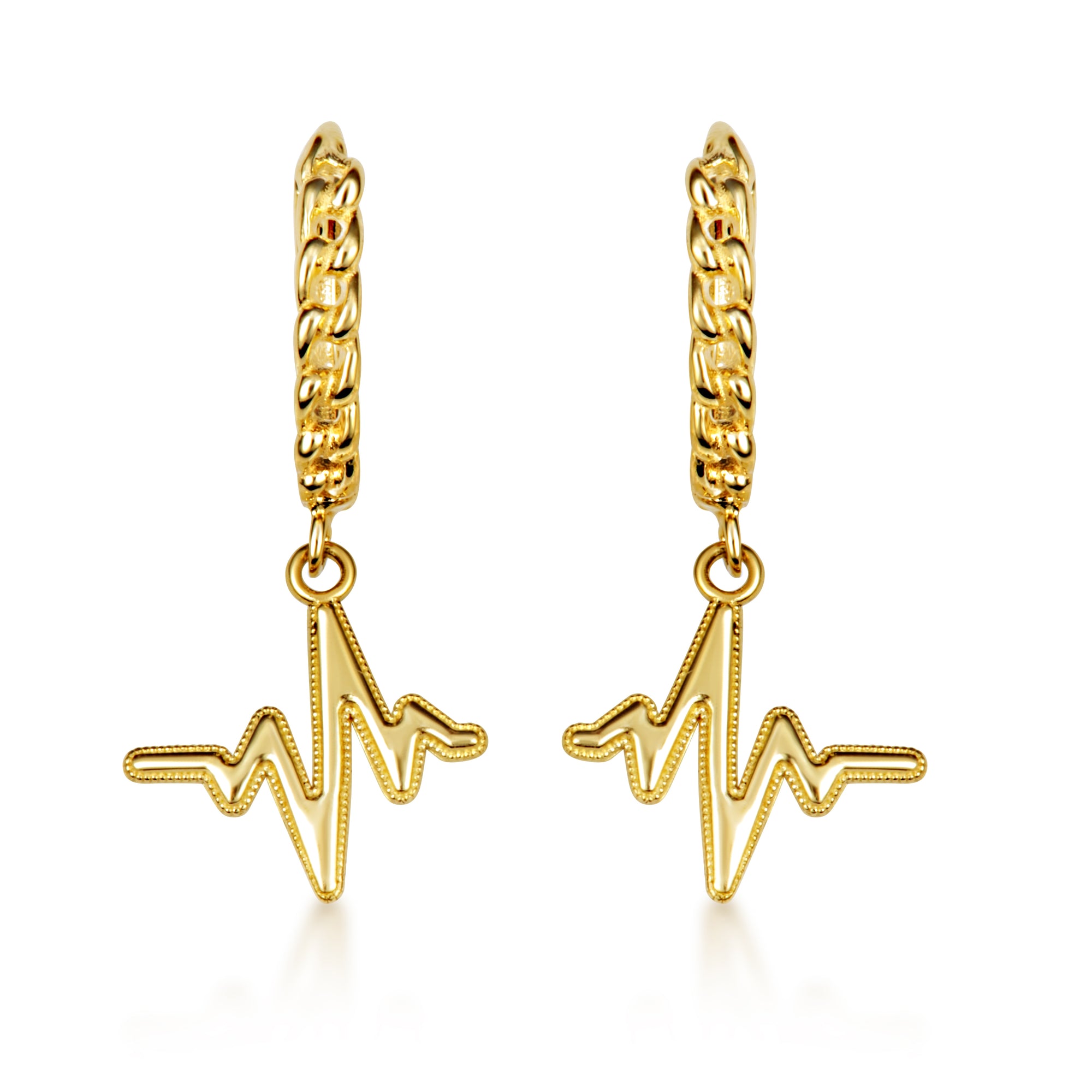Yellow Gold Heartbeat Pulse Milgrain Cuban Link Huggie Hoop Earrings