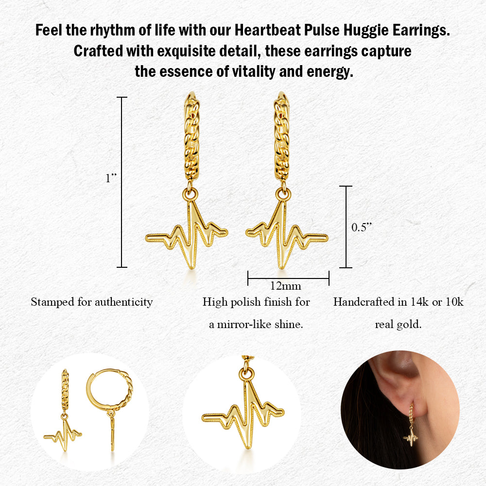 Yellow Gold Heartbeat Pulse Milgrain Cuban Link Huggie Hoop Earrings, view 3