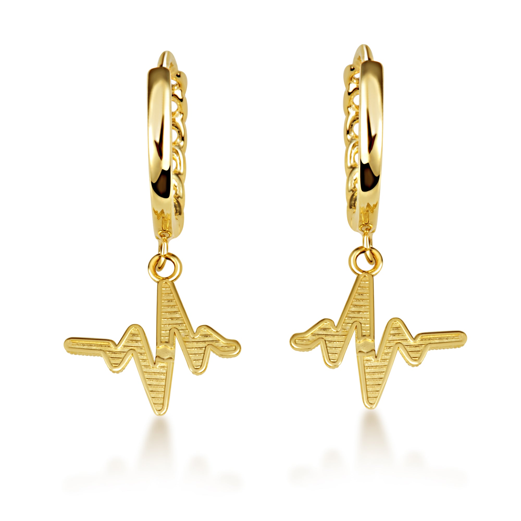 Yellow Gold Heartbeat Pulse Milgrain Cuban Link Huggie Hoop Earrings, view 4