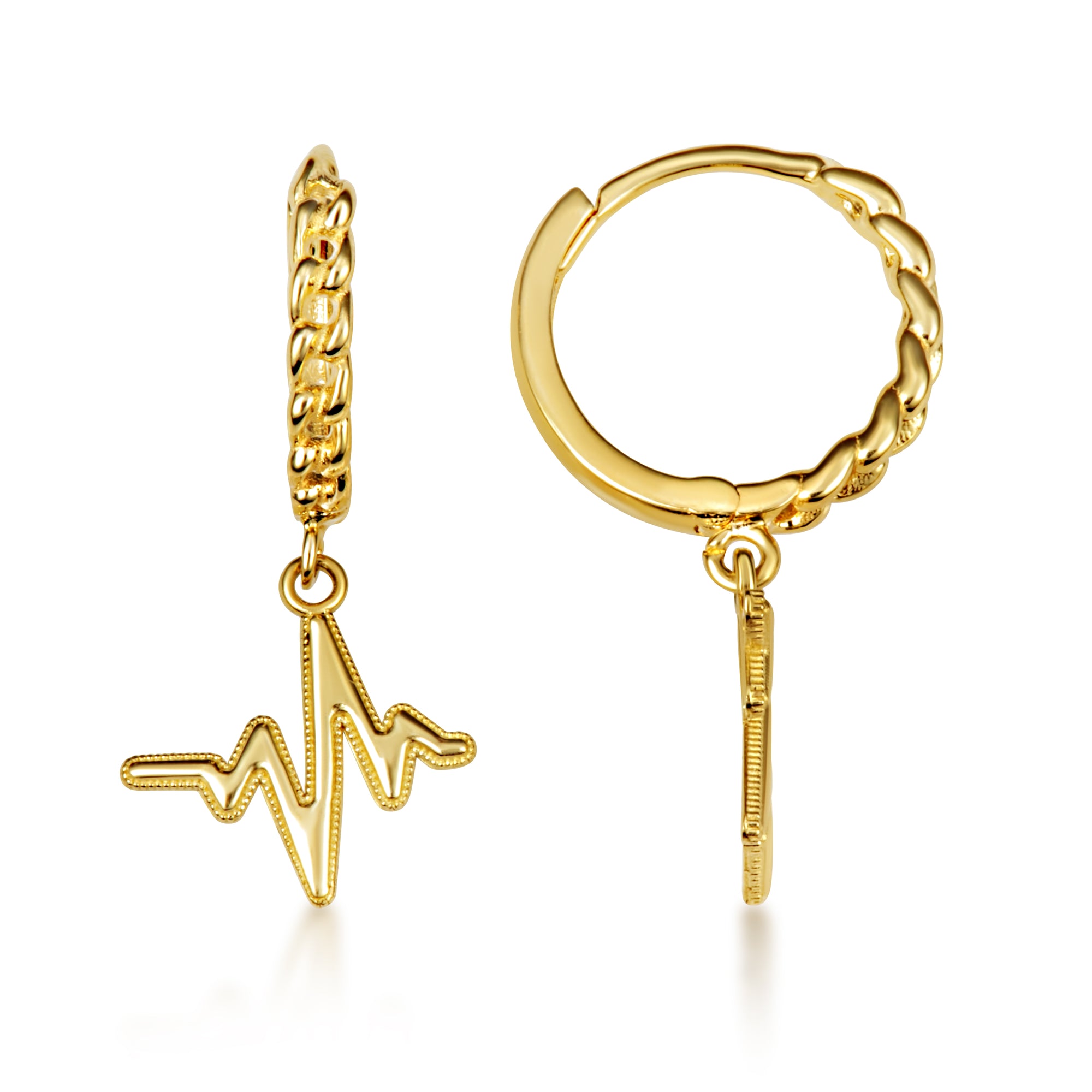 Yellow Gold Heartbeat Pulse Milgrain Cuban Link Huggie Hoop Earrings, view 5