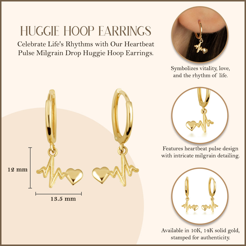 Yellow Gold Heartbeat Pulse Milgrain Huggie Hoop Earrings, view 3