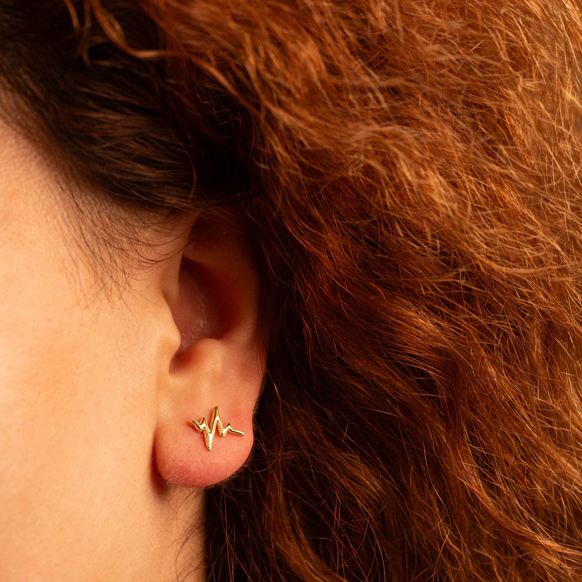 Yellow Gold Heartbeat Pulse Milgrain Stud Earrings, view 2