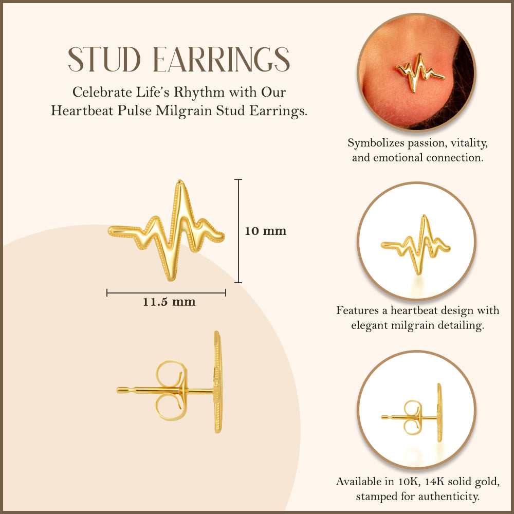 Yellow Gold Heartbeat Pulse Milgrain Stud Earrings, view 3
