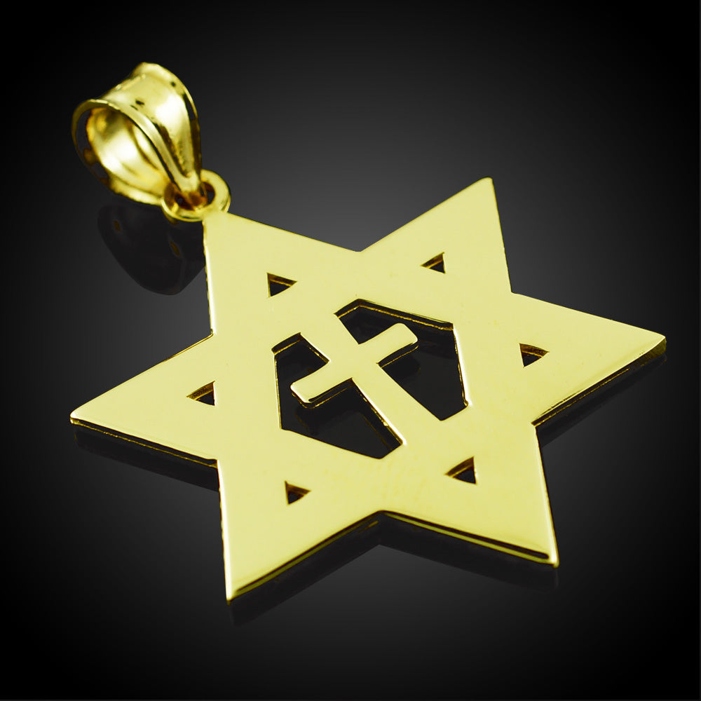 Yellow Gold High Polished Star of David with Cross Pendant, view 2