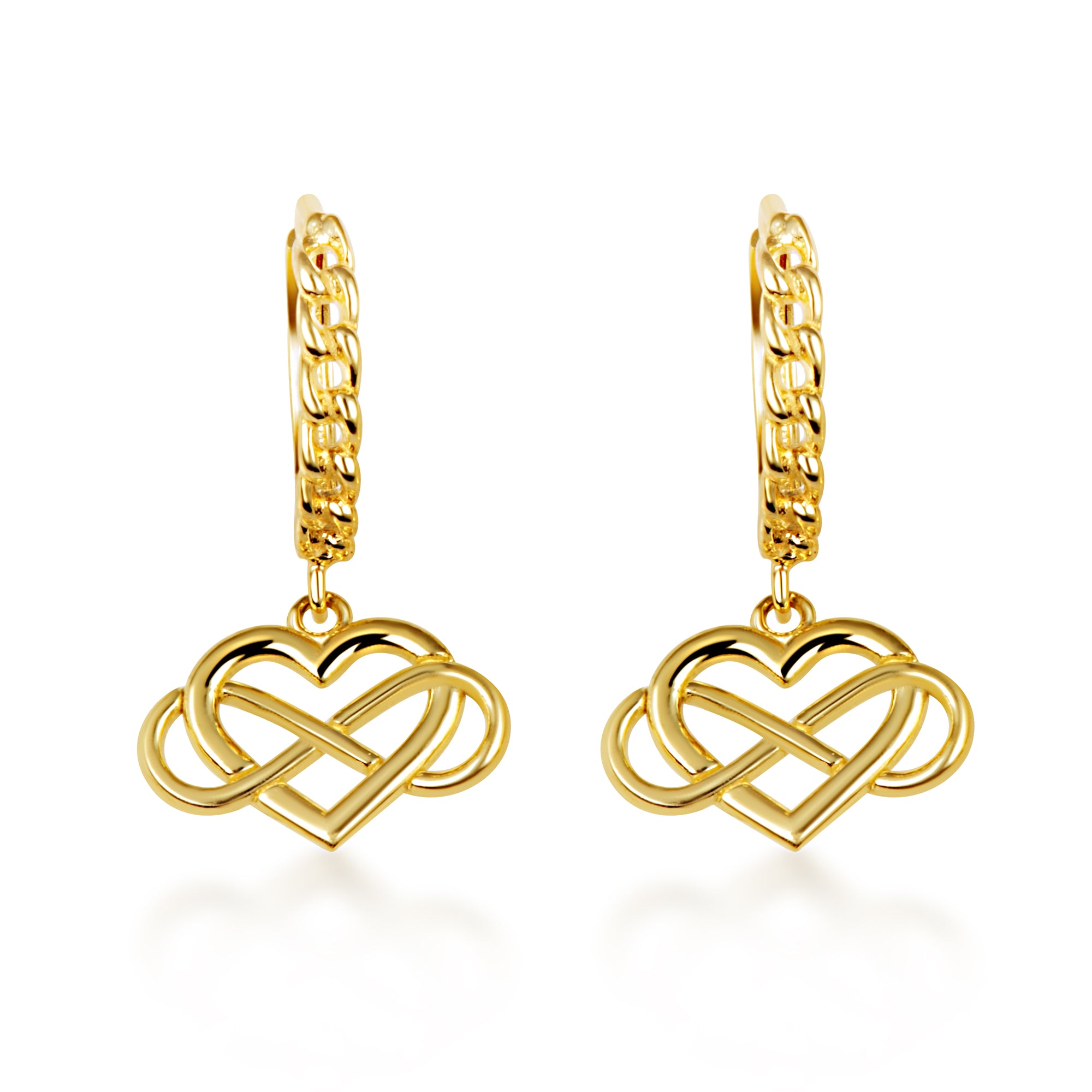 Yellow Gold Infinity Heart Cuban Link Huggie Hoop Earrings