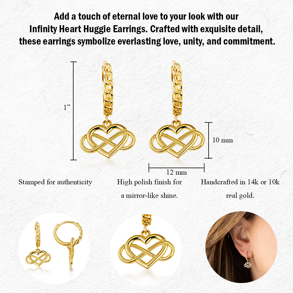 Yellow Gold Infinity Heart Cuban Link Huggie Hoop Earrings, view 3