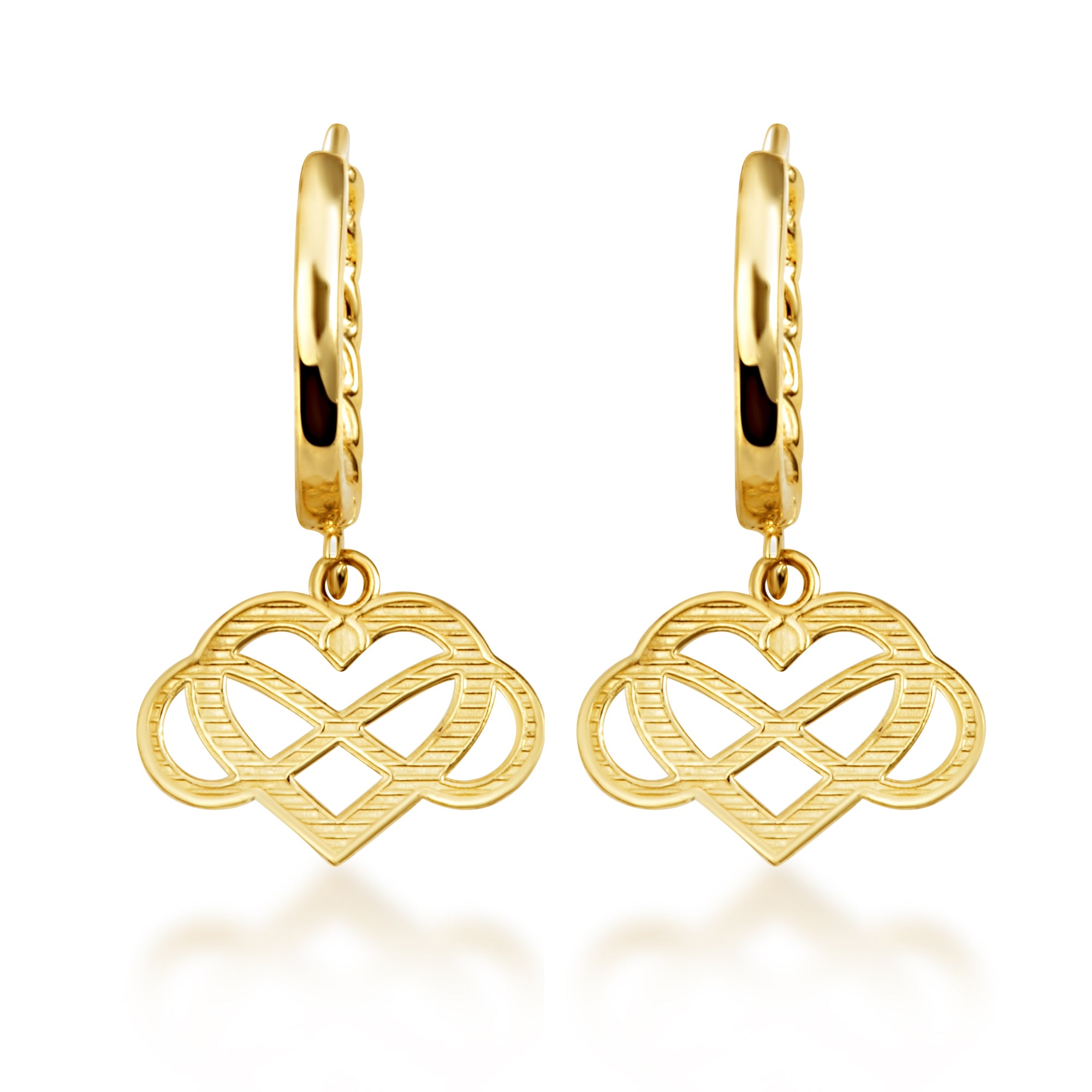 Yellow Gold Infinity Heart Cuban Link Huggie Hoop Earrings, view 4