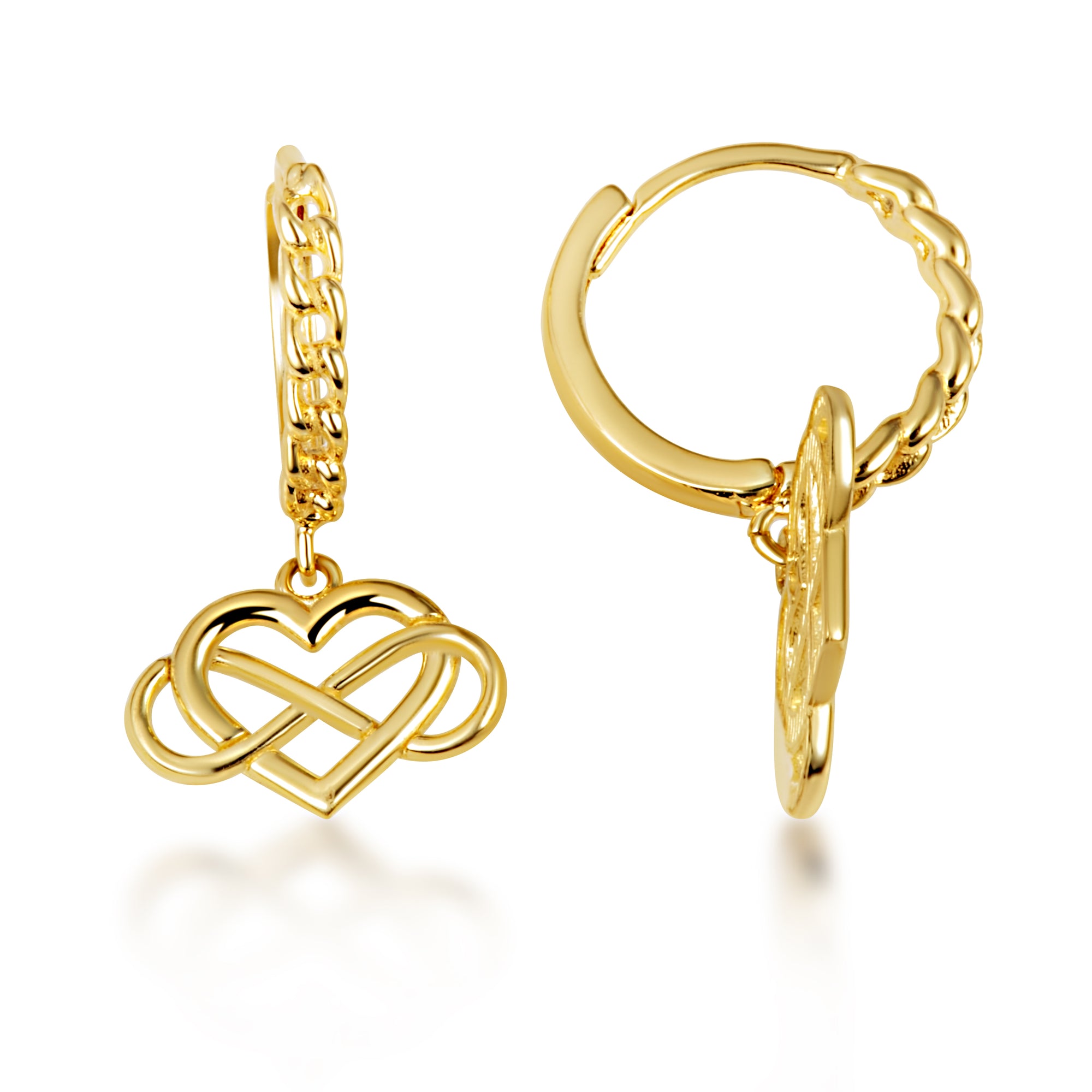 Yellow Gold Infinity Heart Cuban Link Huggie Hoop Earrings, view 5