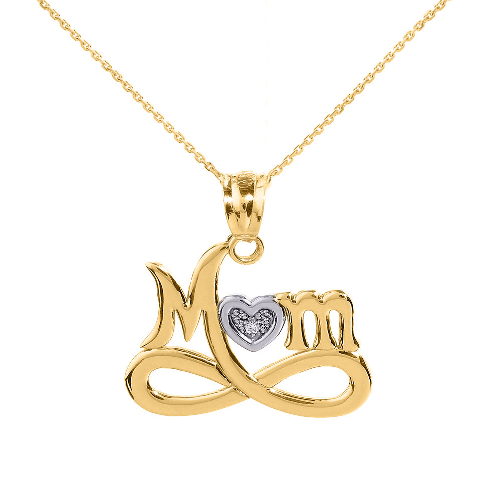 Yellow Gold Infinity "MOM" Heart with Diamond Pendant Necklace