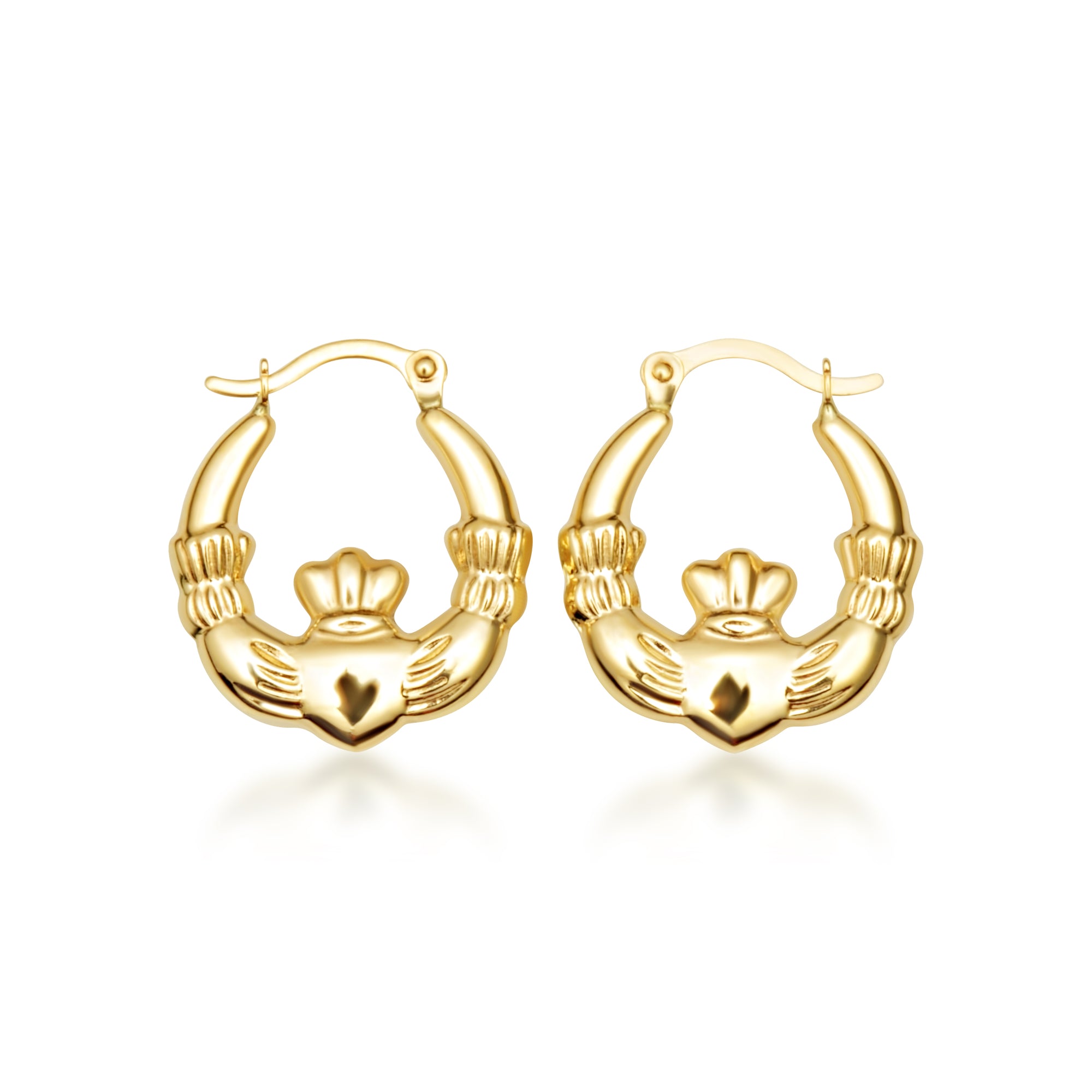 Yellow Gold Irish Celtic Claddagh Heart Crown Hoop Earrings