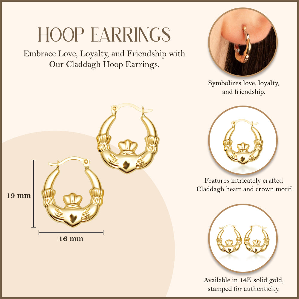 Yellow Gold Irish Celtic Claddagh Heart Crown Hoop Earrings, view 3