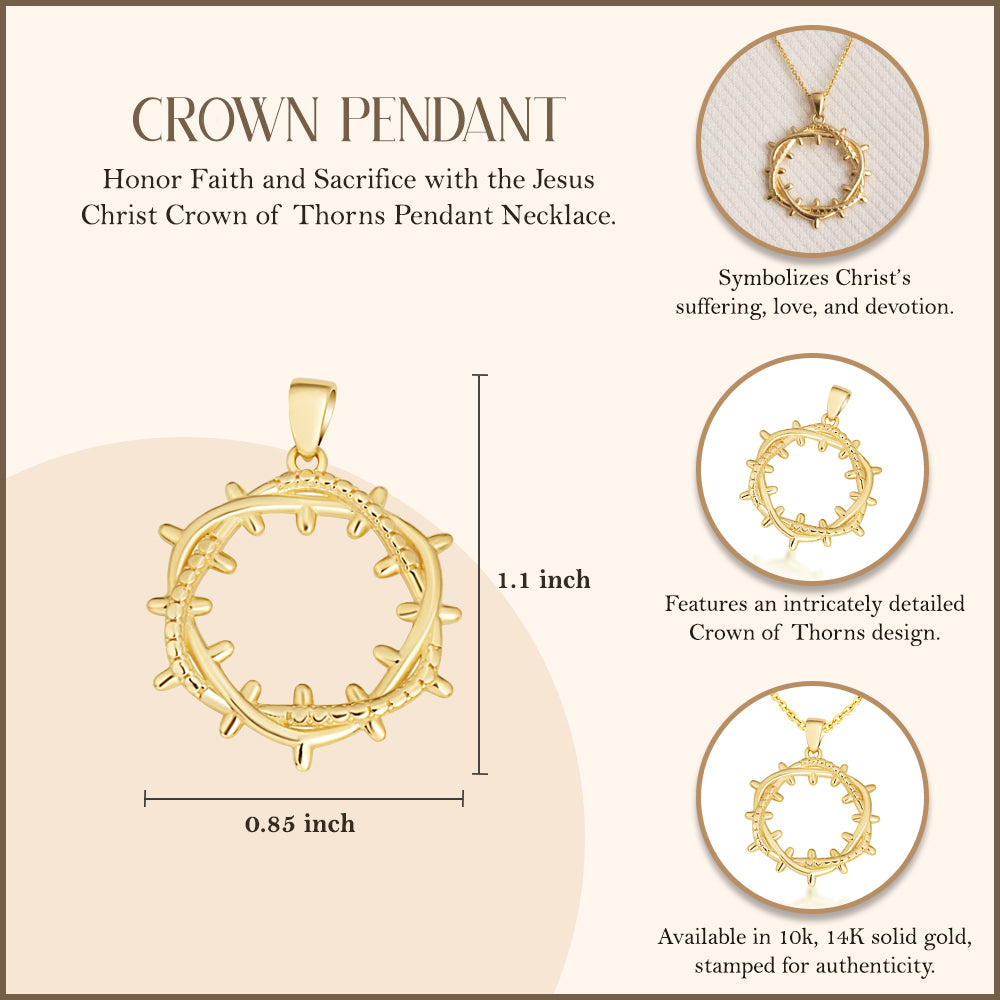 Yellow Gold Jesus Christ Crown of Thorns Pendant Necklace, view 4