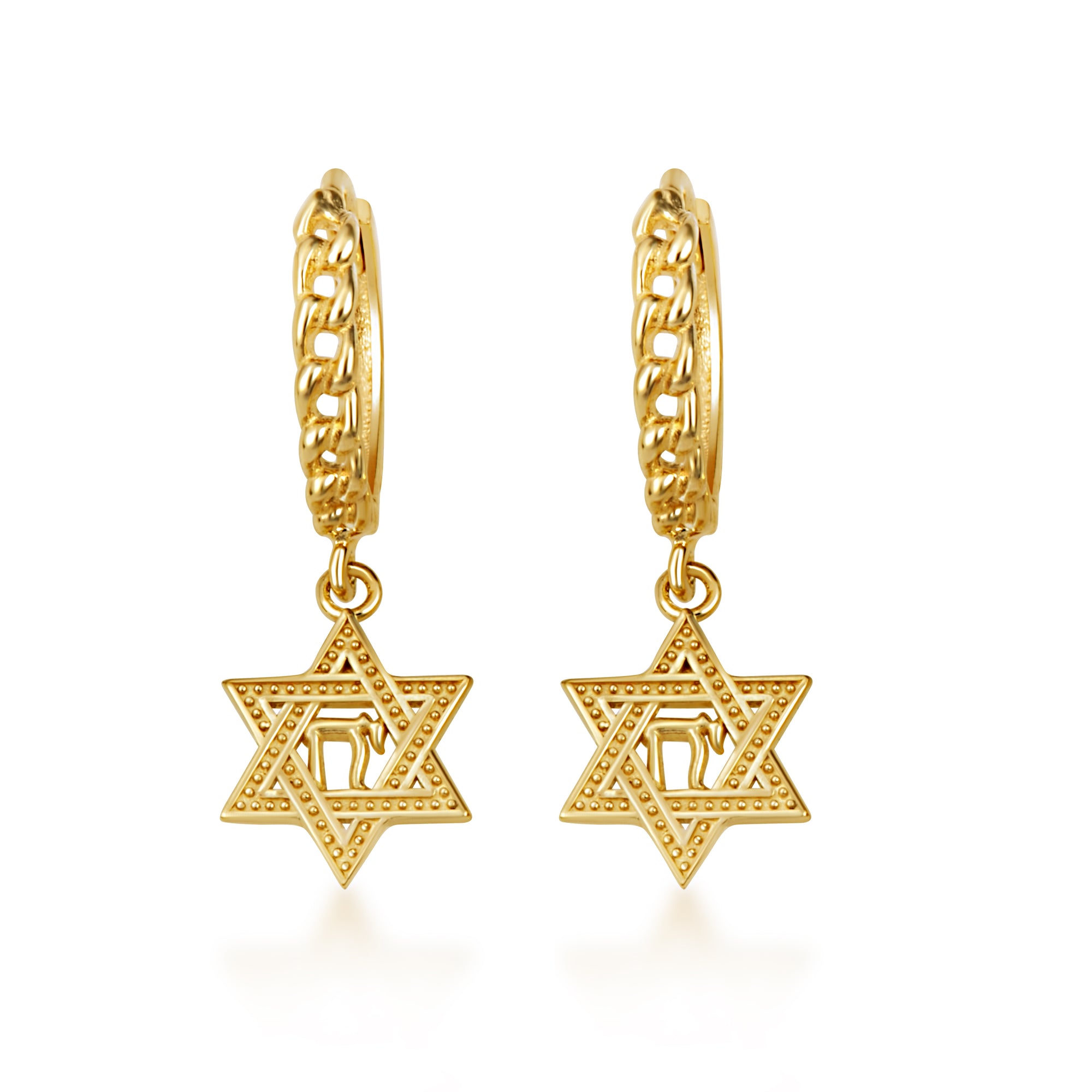 Yellow Gold Jewish Chai Star Of David Cuban Link Huggie Hoop Earrings