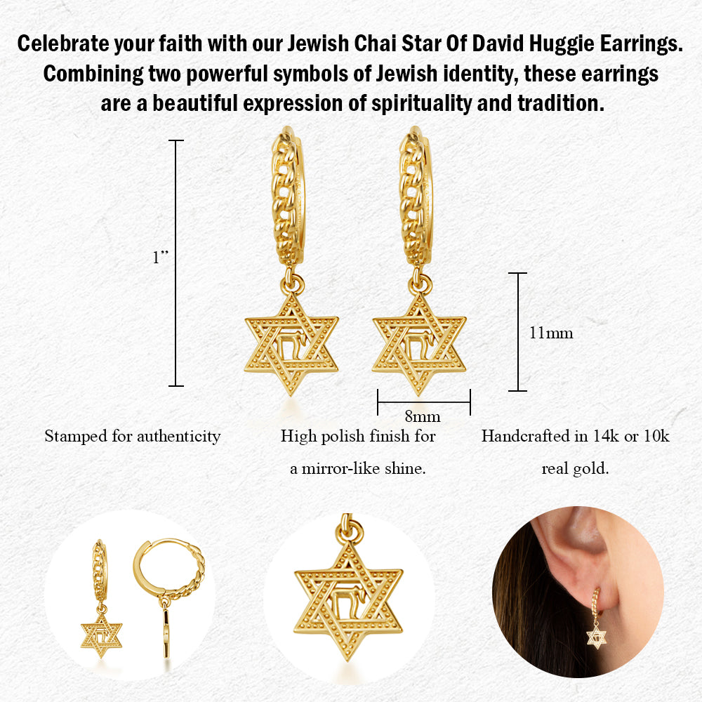 Yellow Gold Jewish Chai Star Of David Cuban Link Huggie Hoop Earrings, view 3