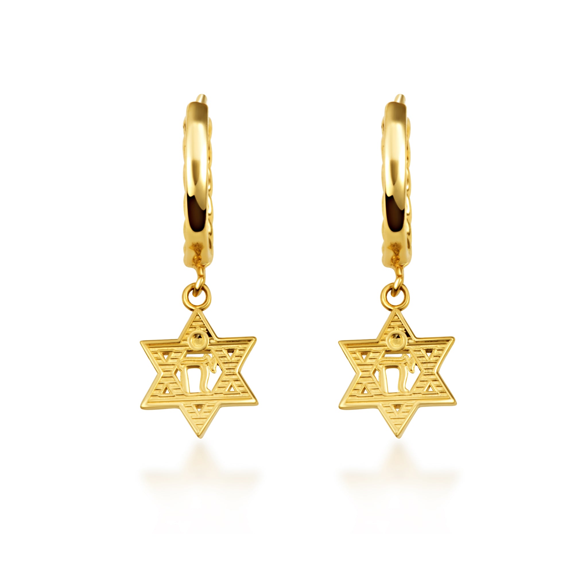 Yellow Gold Jewish Chai Star Of David Cuban Link Huggie Hoop Earrings, view 4