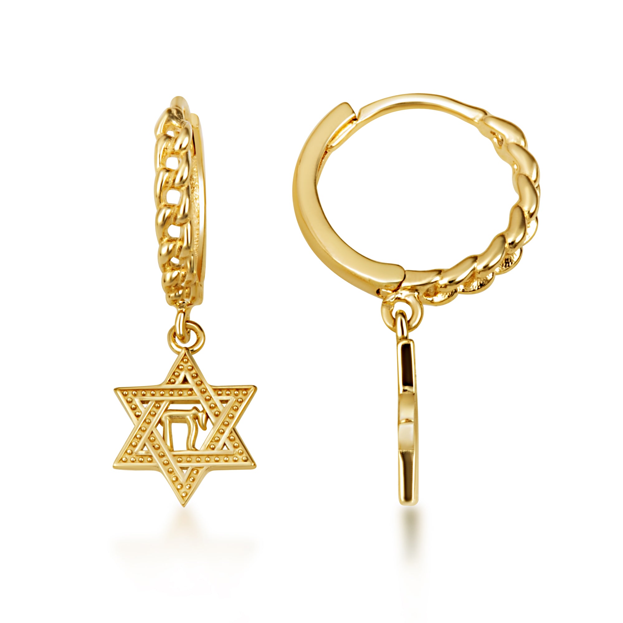 Yellow Gold Jewish Chai Star Of David Cuban Link Huggie Hoop Earrings, view 5