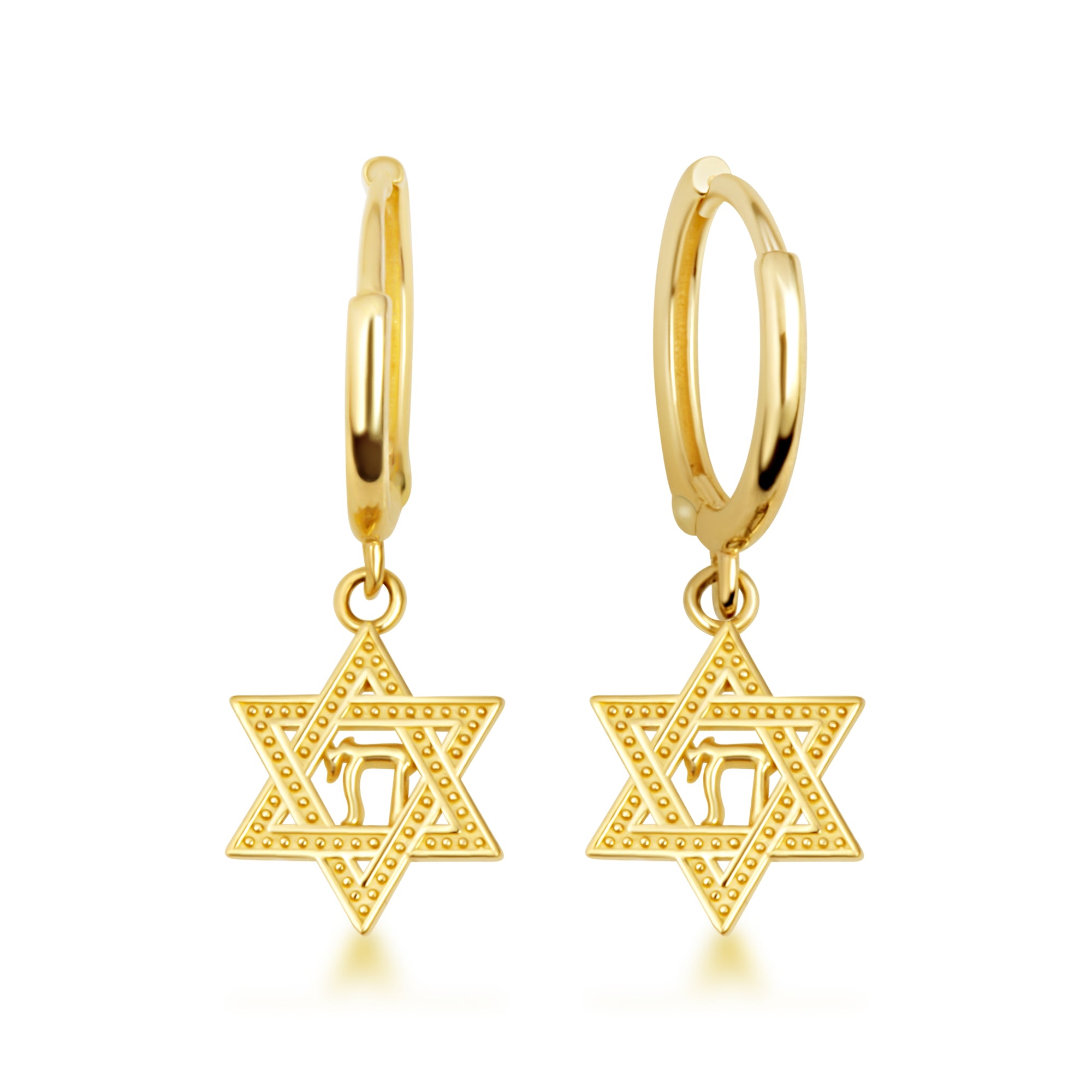 Yellow Gold Jewish Chai Star Of David Drop Huggie Hoop Earrings