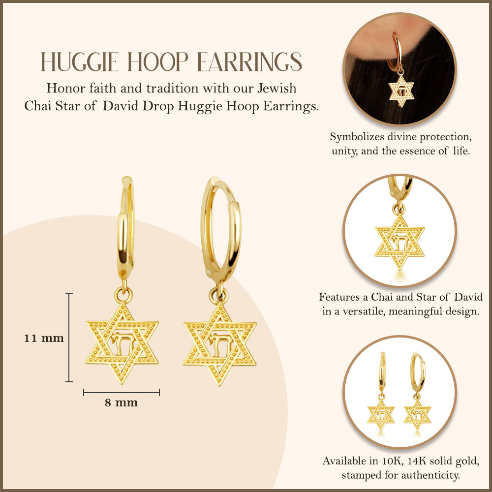 Yellow Gold Jewish Chai Star Of David Drop Huggie Hoop Earrings, view 3
