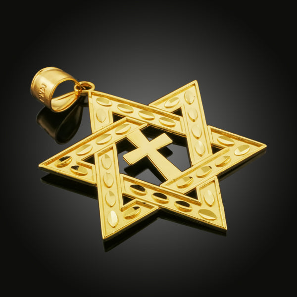 Yellow Gold Jewish Star of David Cross Pendant (L) 2.2", view 2